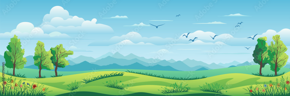 Fototapeta premium View of summer landscape, spring hills, green meadows and hills, bird flock, vector illustration