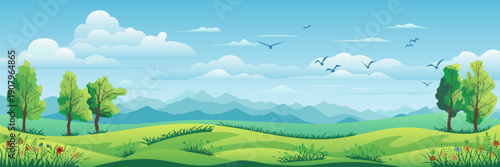 View of summer landscape, spring hills, green meadows and hills, bird flock, vector illustration