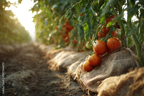 Ripe organic tomatoes growing in sustainable field agriculture