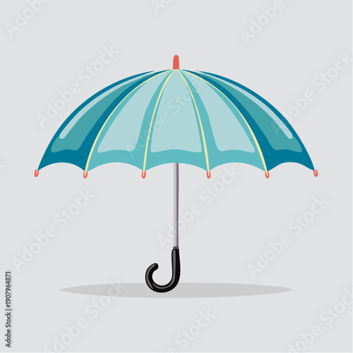 A closed turquoise umbrella with black handle on a light gray background
