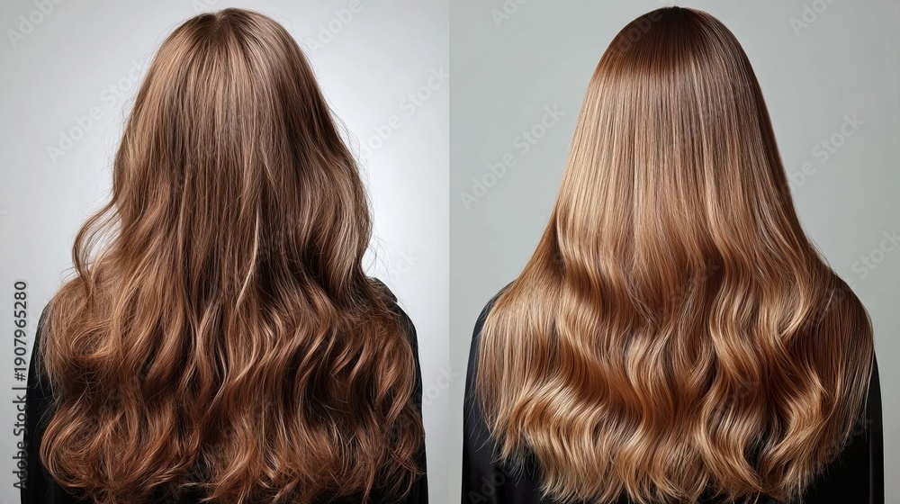 Fototapeta premium A dramatic before-and-after transformation of damaged, frizzy hair into silky smooth, healthy locks, high contrast, ultra-detailed, professional salon setting.