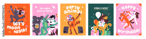 Design of greeting cards with happy animals set. Festive templates with characters celebrating holidays. Postcards with dancing party, birthday and Christmas on layouts. Flat vector illustrations