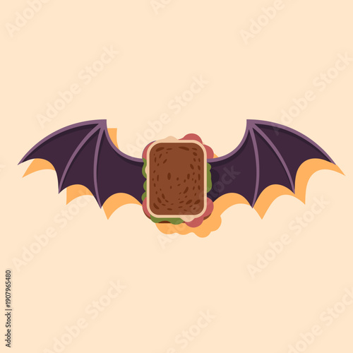 Vector illustration of bat wing sandwiches with dark bread and bright filling – Suitable for unique Halloween food concepts, recipe books, or digital illustration.