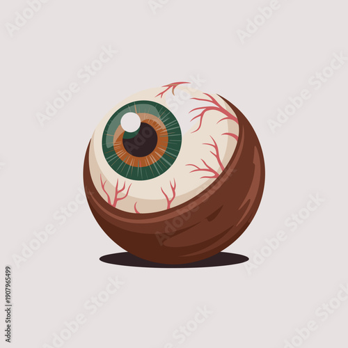 Vector illustration of Halloween chocolate eyeball truffle with red candy veins – Great for seasonal product packaging, food blogs, or themed confectionery art.