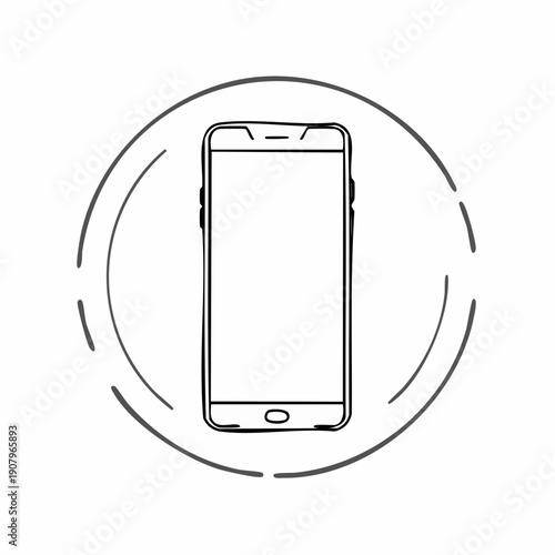 Simple line art icon of a mobile phone. Hand-drawn smartphone sketch in a circle, isolated on white background