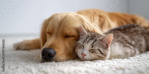 Wallpaper Mural Golden retriever and tabby cat peacefully sleeping together on soft carpet Torontodigital.ca