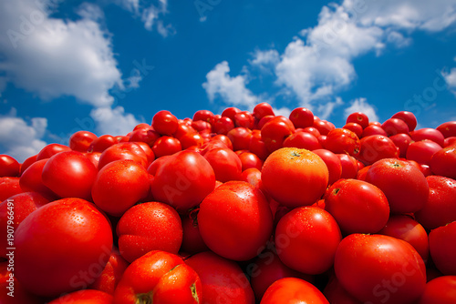 Harvesting fresh red tomatoes under blue sky
