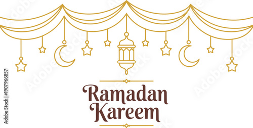 ramadan Kareem, Eid Mubarak Greeting Line icon minimal and simple vector design with beautiful Glowing Lantern and elegant crescent moon star for background and Banner