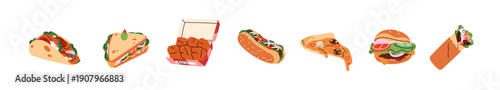 Different fast food set. Various fastfood: pita, sandwich, chicken nuggets, hot dog, slice of pizza, burger and shawarma. Tasty eating. Flat isolated vector illustrations on white background