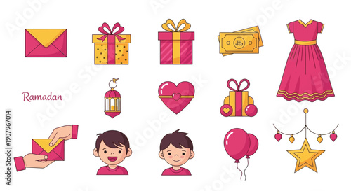Collection of bright pink and yellow cartoon icons related to Ramadan celebrations