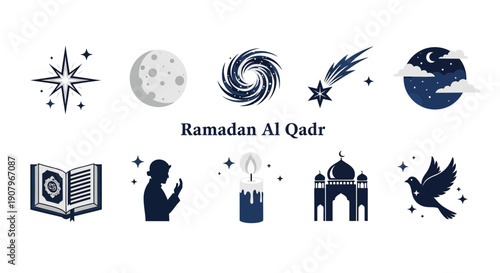 Collection of ten dark blue and grey icons related to Ramadan Al Qadr on a white background