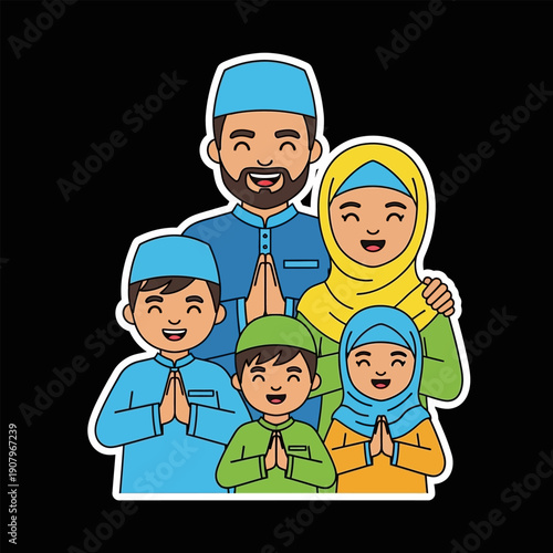 Happy Muslim family celebrating Islamic holiday together in traditional attire, a heartwarming depiction of cultural unity and festive joy