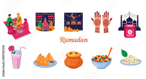Collection of ten illustrations related to the Islamic holy month of Ramadan featuring food decoration and charity