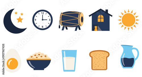 Illustration detailing predawn Ramadan activities and Suhoor meal components