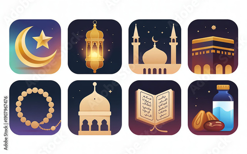 Luxury Ramadan icon set, elegant Islamic symbols, gold crescent, glowing lantern, detailed mosque, Kaaba icon, tasbih beads, Quran, iftar food, flat design with subtle gradient, deep blue and gold pal