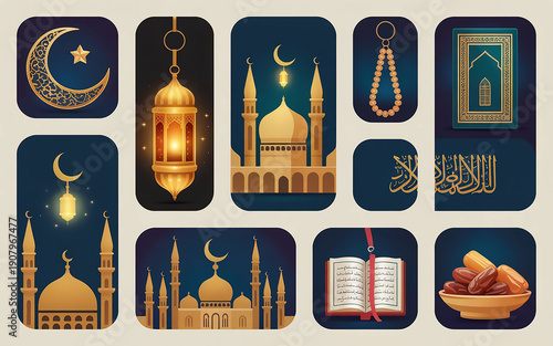 Luxury Ramadan icon set, elegant Islamic symbols, gold crescent, glowing lantern, detailed mosque, Kaaba icon, tasbih beads, Quran, iftar food, flat design with subtle gradient, deep blue and gold pal