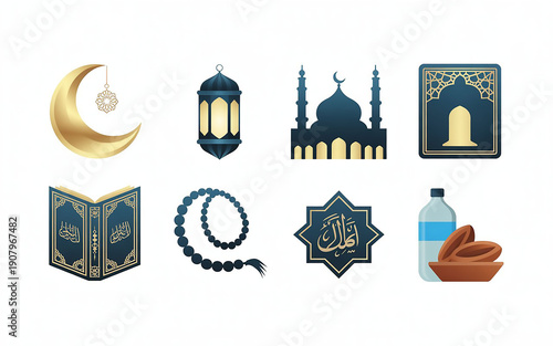 Luxury Ramadan icon set, elegant Islamic symbols, gold crescent, glowing lantern, detailed mosque, Kaaba icon, tasbih beads, Quran, iftar food, flat design with subtle gradient, deep blue and gold pal
