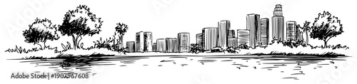 Modern City Skyline Behind Park Trees and Lake – Black and White Vector Illustration