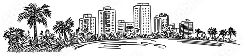Tropical coastal city skyline line art illustration – palm tree urban beachscape vector graphic