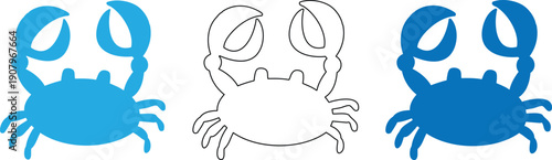 Three blue and black crab icons in different shades on white background