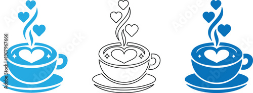 set of coffee cups with hearts steam on white background
