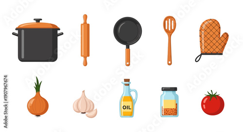 Kitchen utensils and ingredients laid out in two horizontal rows