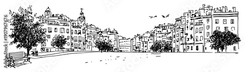 European city square street scene line art illustration – urban plaza architecture vector graphic