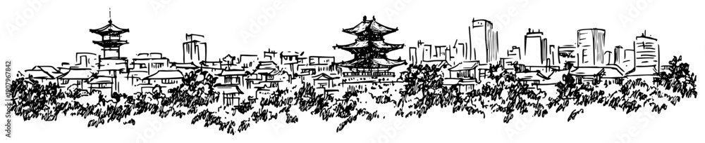 Obraz premium Asian city skyline with pagoda line art illustration – hand drawn urban landscape vector graphic