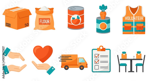 Row of ten flat icons related to charity volunteering and food aid