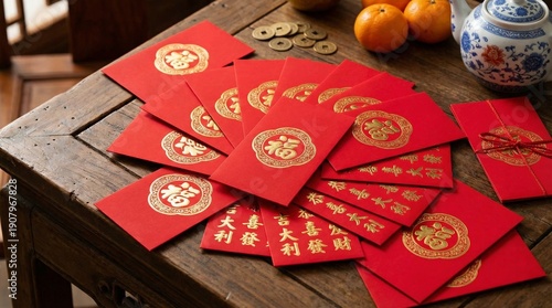 Red envelopes with golden characters and symbols arranged on a wooden table with oranges and teapot