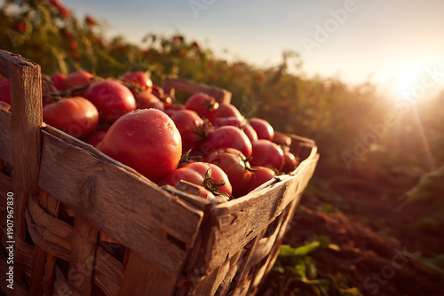 Freshly picked tomatoes in wooden basket at sunrise
