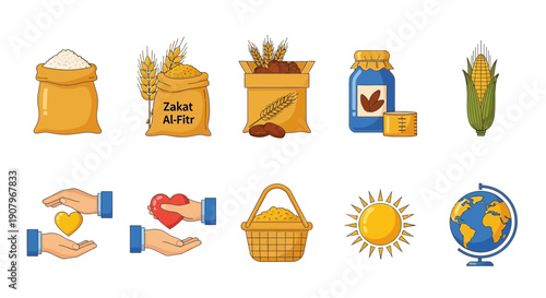 Row of ten icons depicting staple foods charity and global elements
