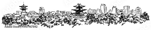 Asian city skyline with pagoda line art illustration – hand drawn urban landscape vector graphic
