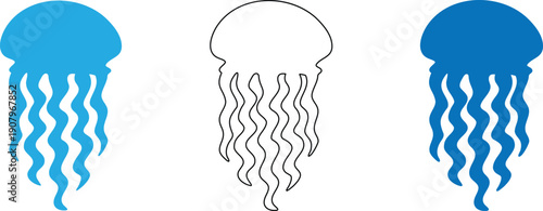 Three jellyfish icons in blue and black lines on white background