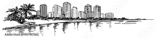 Coastal skyline with palm trees line art illustration – hand drawn beach city vector graphic