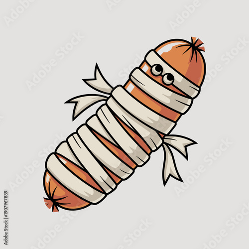 Cartoon mummy hot dog snack on light background vector – Suitable for spooky season branding, menus, or invitations.