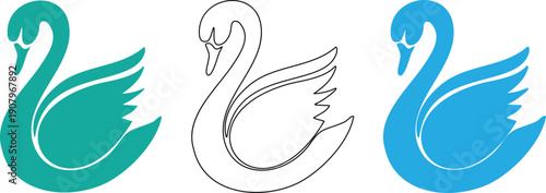 Three swan silhouettes in different colors on white background
