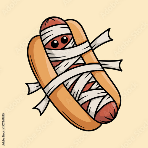Cartoon mummy hot dog vector with dangling bandages – Suitable for Halloween food art, banners, or festive merchandise.