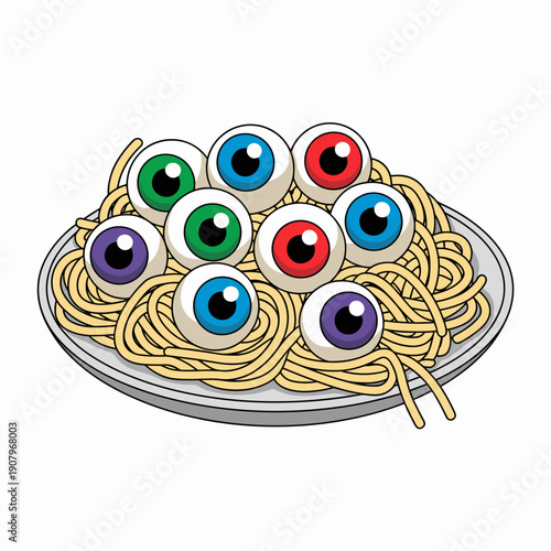 Cartoon eyeball spaghetti vector art for a fun and eerie Halloween dinner – Ideal for spooky recipe blogs, holiday event banners, or children's Halloween book illustration.