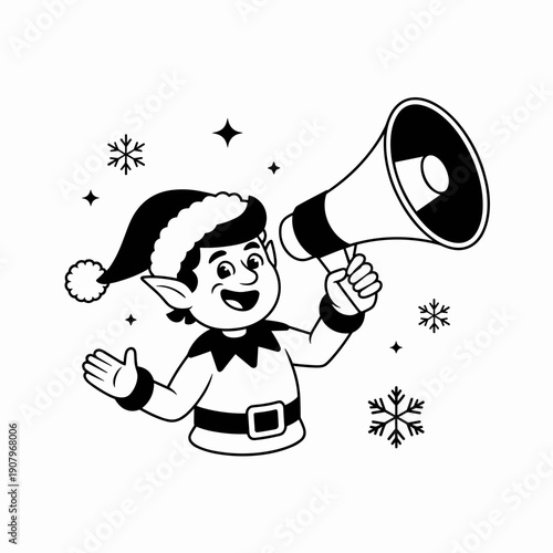 Monochrome vector illustration of a Christmas elf announcing a holiday sale – Great for professional marketing banners, business social media, or corporate holiday greetings.