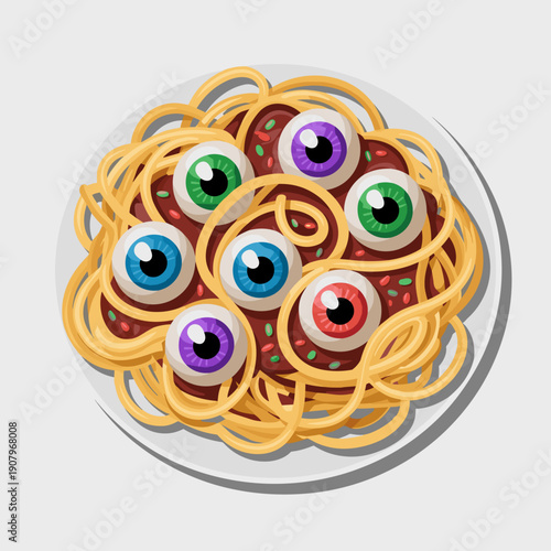 Eyeball spaghetti vector illustration in a flat style for Halloween promotion – Ideal for digital greetings, holiday email campaigns, or spooky social media posts.
