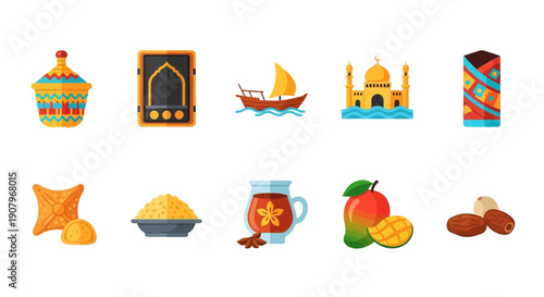 Ten colorful flat icons representing Middle Eastern or South Asian culture and food