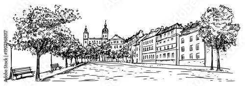 Historic European city park promenade line art illustration – hand drawn old town vector graphic