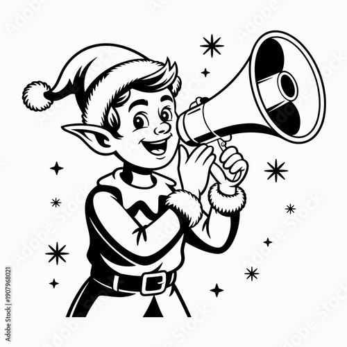 Dynamic monochrome vector of an elf with a megaphone for holiday promotion – Suitable for seasonal event posters, corporate communications, or clean holiday design.