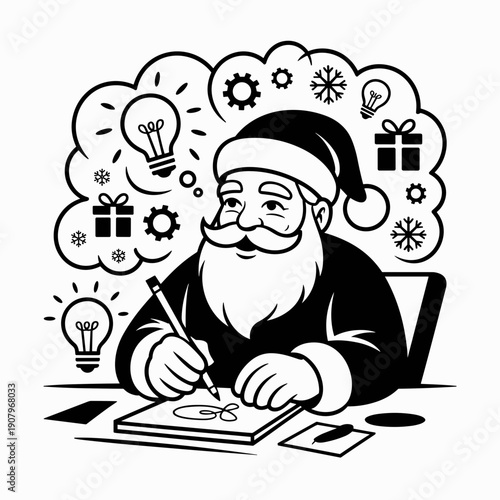 Minimalist vector illustration of Santa Claus in a creative brainstorming session – Suitable for design firm portfolios, technology articles, or modern holiday-themed conceptual graphics.