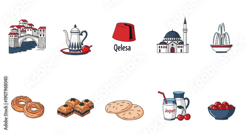 Ten cartoon icons representing Bosnian culture bridge coffee pot fez mosque fountain pastries flatbreads yogurt and cherries