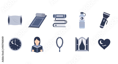 Ten dark blue and light blue icons related to nighttime and religious practices