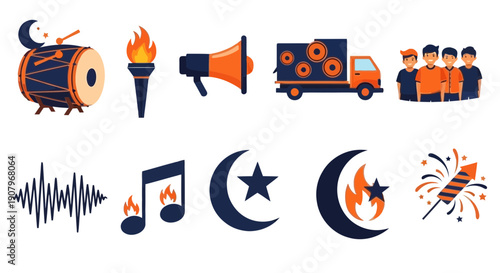 Ten dark blue and orange icons related to celebration and sound