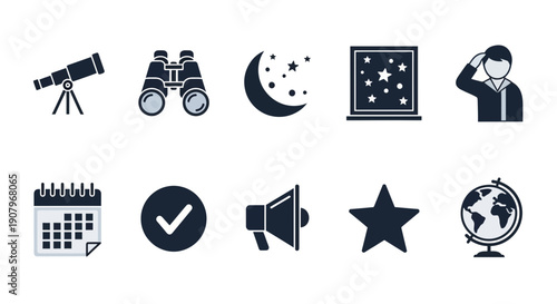 Ten dark blue and light gray flat design icons arranged in two rows