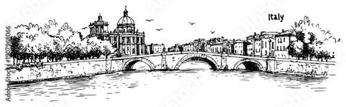Rome riverfront skyline line art illustration – hand drawn Italian bridge and basilica vector graphic